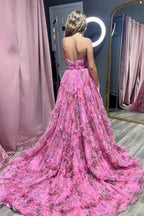 Izabella |A-Line Sweetheart Floral Printed Tulle Prom Dress with Slit by KissProm