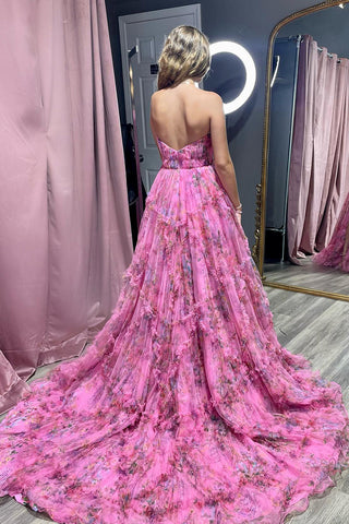 Izabella | Vestido de fiesta de tul con estampado floral, corte en A y escote corazón, con abertura
