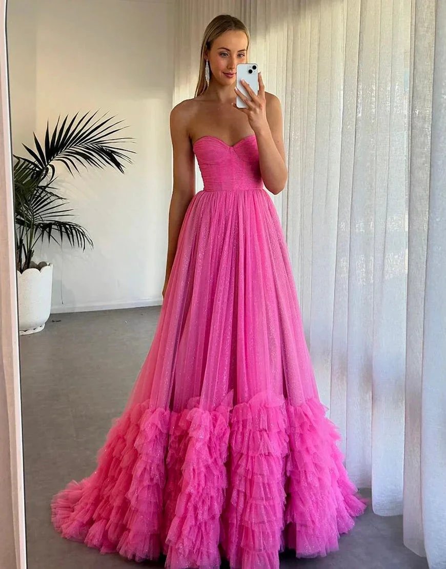 Rachael | Pink Sweetheart Tiered Tulle Long Prom Dresses by KissProm