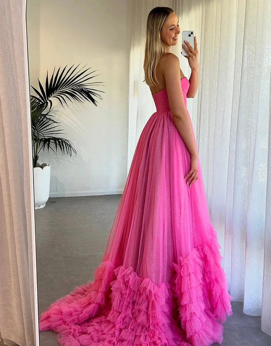 Rachael | Pink Sweetheart Tiered Tulle Long Prom Dresses by KissProm