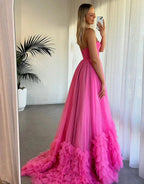 Rachael | Pink Sweetheart Tiered Tulle Long Prom Dresses by KissProm