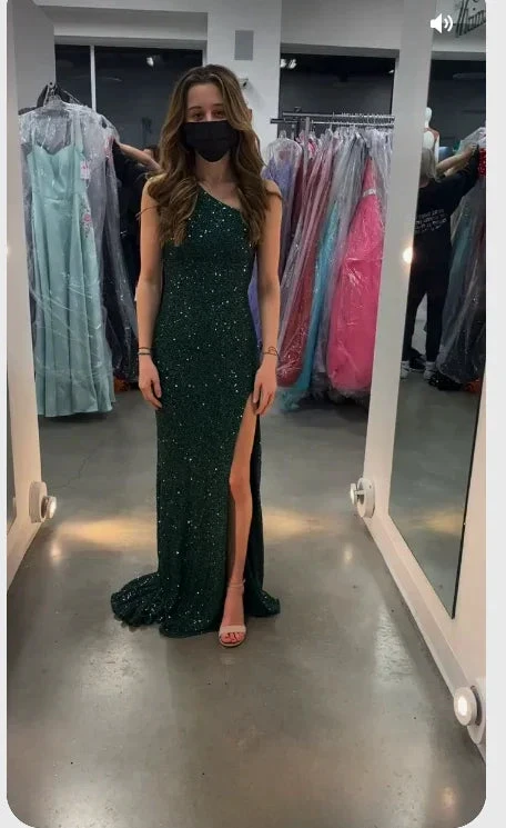 Glitter One Shoulder Green Sheath/Column Evening Dress Charming Formal Gown With Side Slit Y509 by simplepromdress