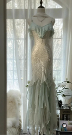 Classy Mint Green Temperament Mermaid Spaghetti Strap Chiffon Beaded Evening Dress Formal Prom Dress Y8546 by simplepromdress