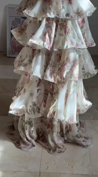 Glamorous Chiffon Print Floral A Line Backless Prom Dress V Neck Halter Layered Evening Dress Y8501 by simplepromdress
