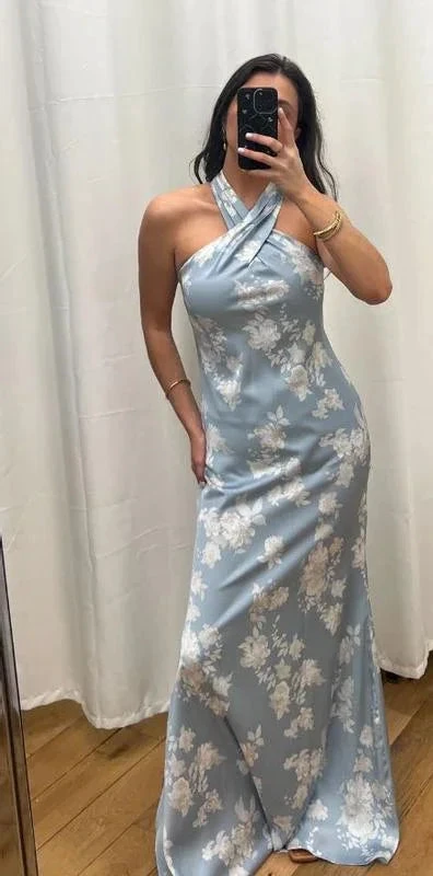 Pretty Halter Navy Blue Satin Print Long Prom Dress Evening Dress Y8453 by simplepromdress