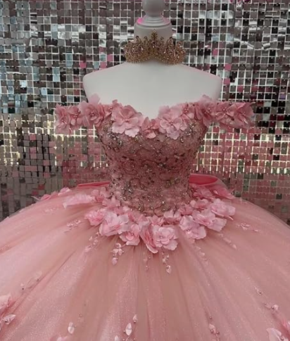 Pink Off Shoulder Ball Gown Quinceanera Dresses 3D Appliques Corset Dress Y6791 Main Image