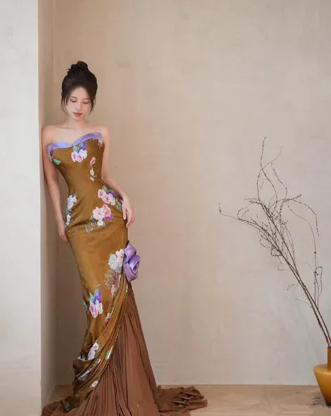 Vintage Satin Print Mermaid Evening Dress Strapless Long Prom Dress Y8545 by simplepromdress