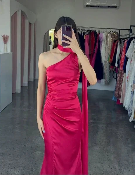 Elegant One Shoulder Hot Pink Satin Sheath Prom Dress Long Evening Dress Y8419 by simplepromdress