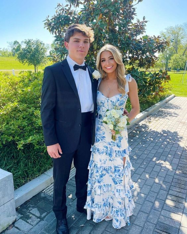 Blaues Print Sexy Ballkleid Langes Abendkleid Ballkleider Y7411
