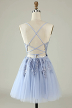 A Line Spaghetti Straps Light Purple Short Homecoming Dress with Appliques Y2671 by simplepromdress