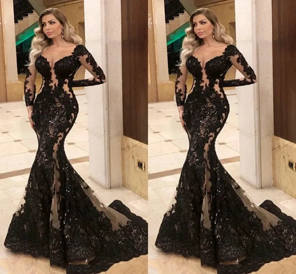 modest black prom dresses long sleeve lace appliqué elegant evening gown formal dresses S11019 by simplepromdress