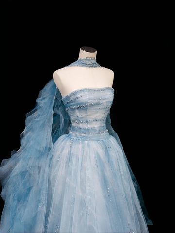 Dream Blue Tulle Beaded A Line Prom Dress Long Evening Dress Y8691