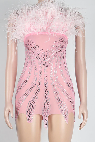 Rhinestone Girly Fluffy Mini Dress Pink Dress Short Homecoming Dress Y781