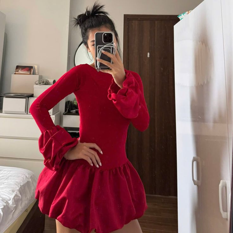 Vestido de cóctel mini rojo de manga larga, corte A, elegante, para regreso a casa, Y8103