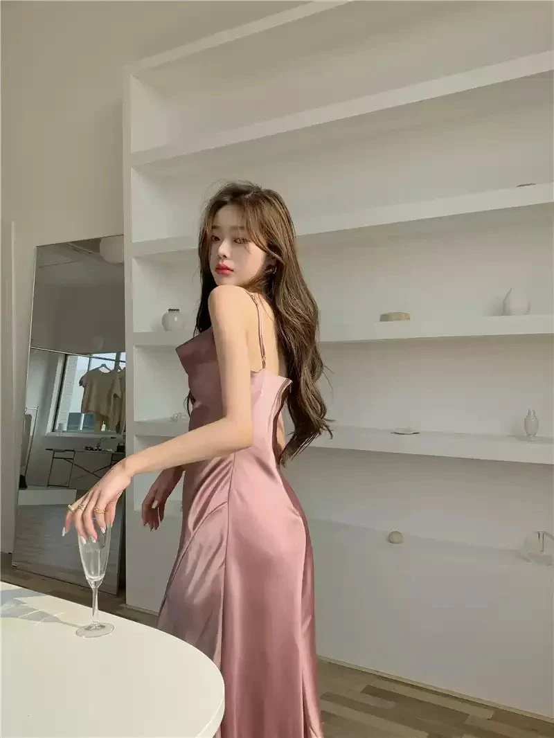 Elegant Spaghetti Strap Silk Side Slit Midi Semi Formal Dress,Sexy Slim Evening Dress For Women Y1197 by simplepromdress