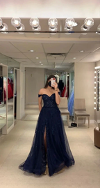 Off The Shoulder Navy Evening Dress With Split Navy Blue Graduation Dress Y6781 by simplepromdress