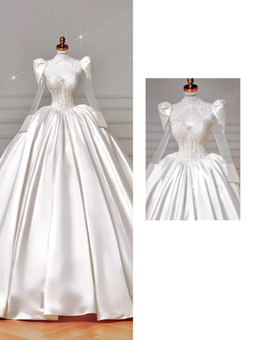 Hermoso vestido de novia de satén blanco con apliques de encaje, corte A, vestido de fiesta formal Y8607