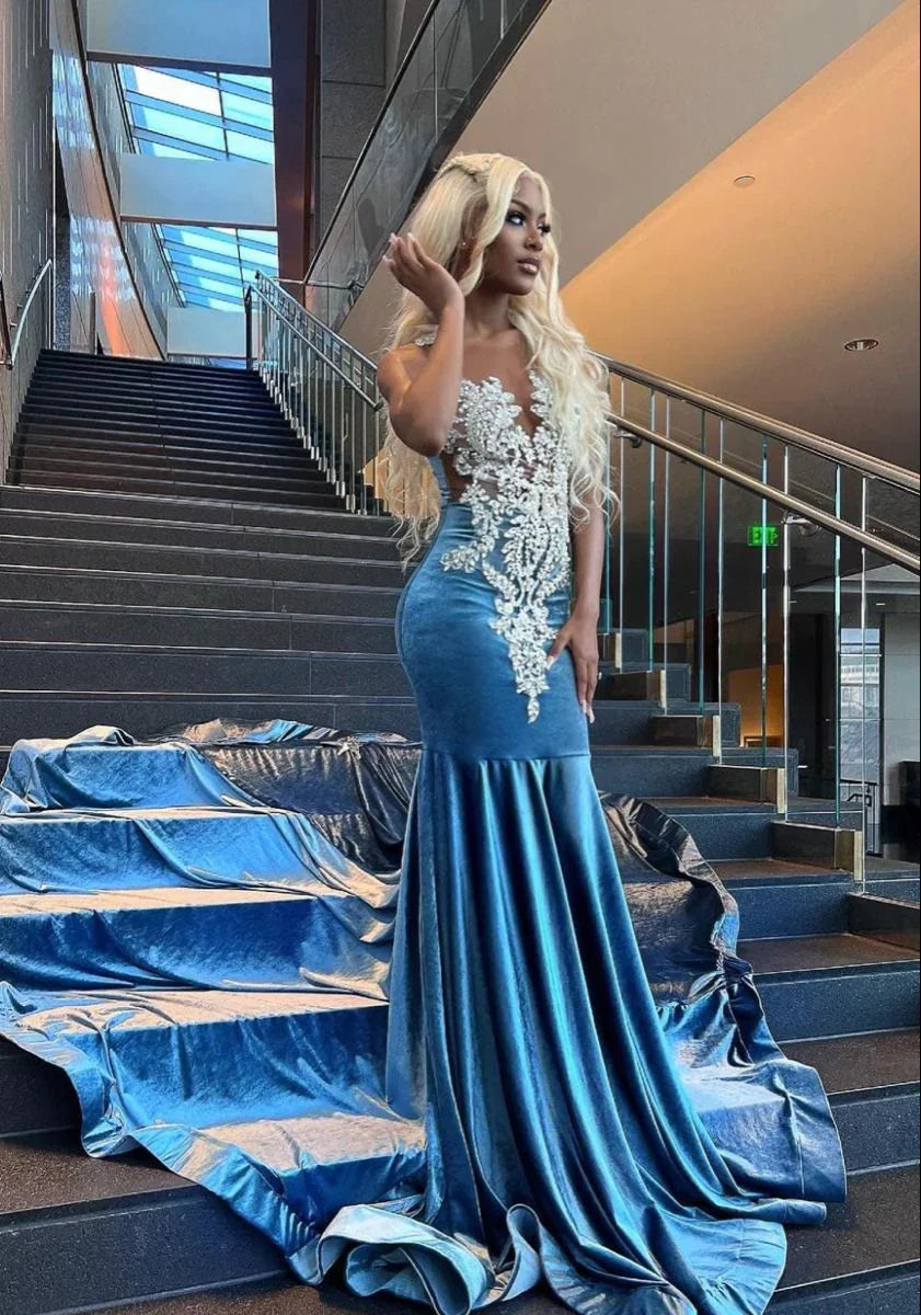 Baby Blue Mermaid Lace African Prom Dress Evening Dress Y4253 by simplepromdress