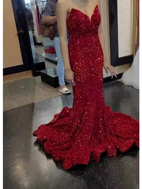 Sweetheart Mermaid Prom Dress Red Sequins Evening Dress Shiny Party Dress Y274 by simplepromdress