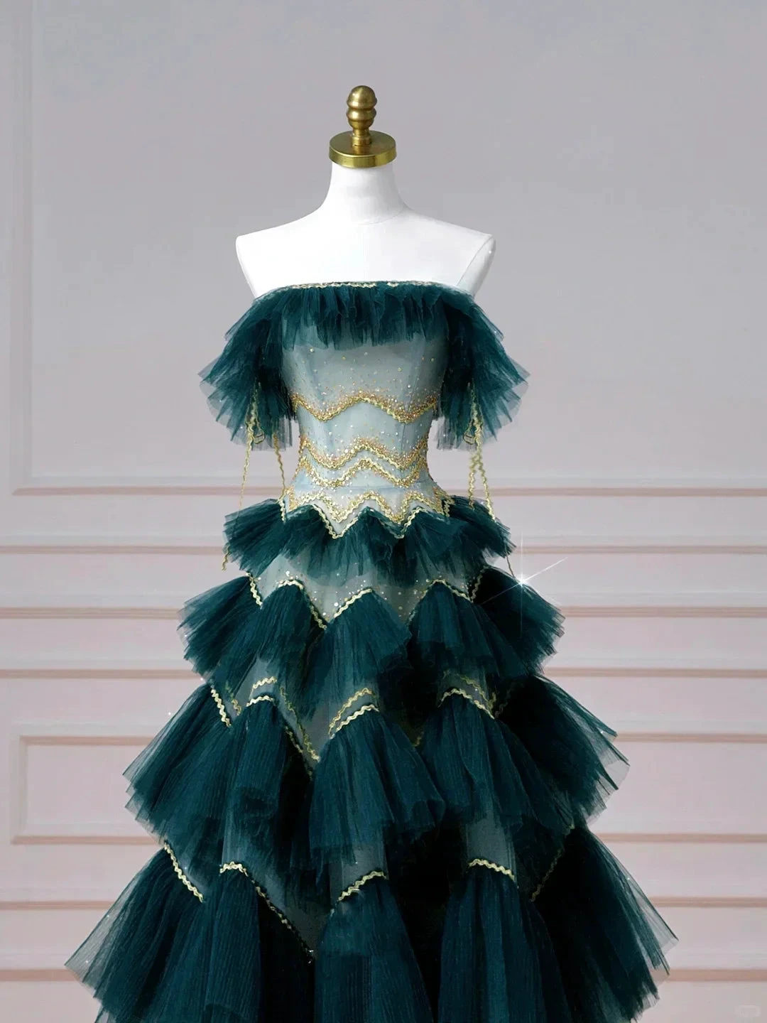Vintage Dark Green Tulle Sequins Layered A Line Prom Dress Strapless Evening Dress Y8606 by simplepromdress