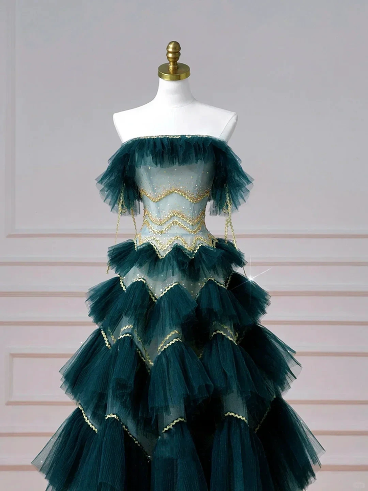 Vintage Dark Green Tulle Sequins Layered A Line Prom Dress Strapless Evening Dress Y8606 by simplepromdress
