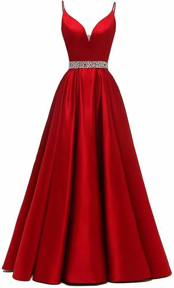 Long Evening Dress for Women Sexy Spaghetti Straps Illusion V- Neck Satin Party Formal Prom Gown Y6164 by simplepromdress