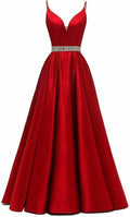 Long Evening Dress for Women Sexy Spaghetti Straps Illusion V- Neck Satin Party Formal Prom Gown Y6164 by simplepromdress