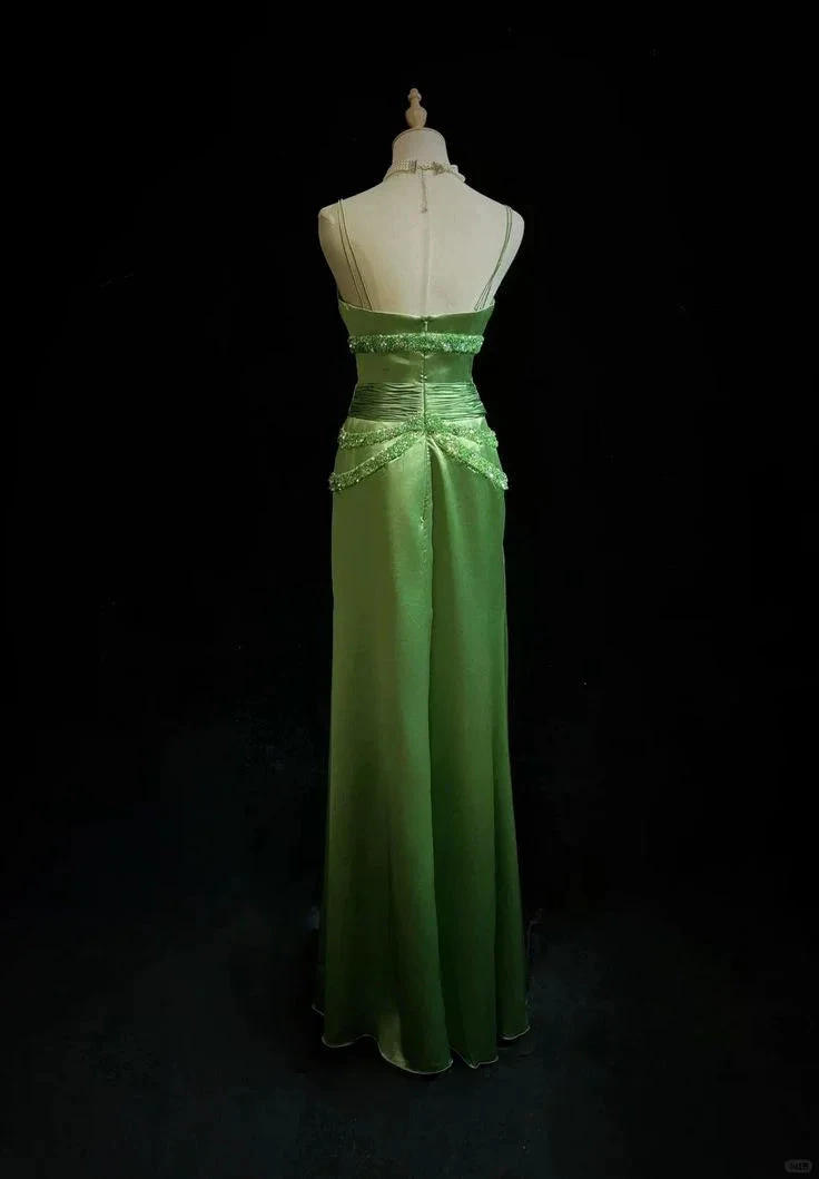 Chic Green Spaghetti Straps Satin Beaded Prom Dress Evening Dress Y8555 by simplepromdress