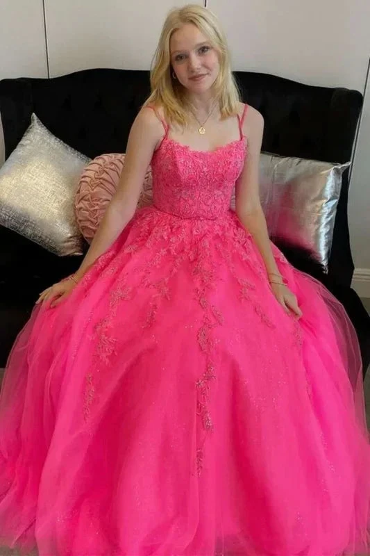 Open Back Hot Pink Tulle Lace Long Prom Dresses, Hot Pink Lace Formal Graduation Evening Dresses Y1585 by simplepromdress