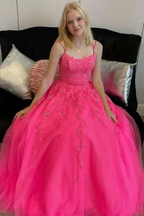 Open Back Hot Pink Tulle Lace Long Prom Dresses, Hot Pink Lace Formal Graduation Evening Dresses Y1585 by simplepromdress