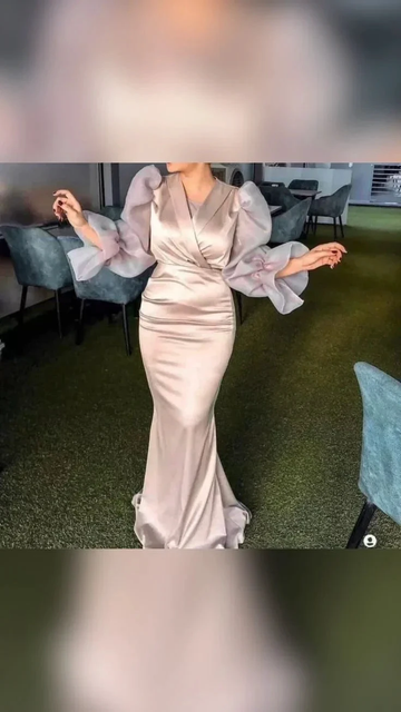 Elegant satin evening gown with sheer puff sleeves, ZAPDRESS formal dress in a modern interior