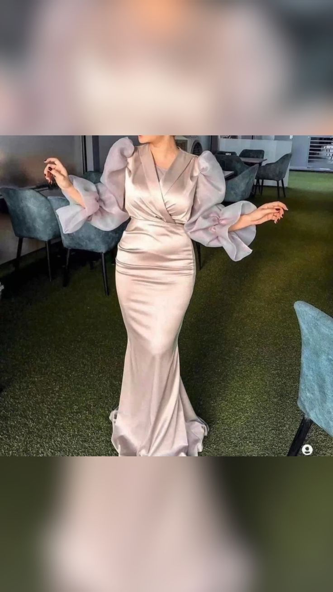 New Arrival Satin V Neck Evening Dress Long Sleeve Dubai Evening Gowns Y4940 Main Image