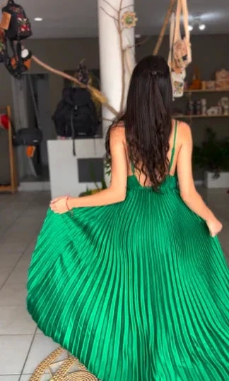 Green Spaghetti Straps Pleated V Neck Party Prom Dress A Line Evening Gown Y7958 by simplepromdress