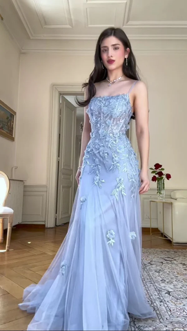 Classy Blue Tulle Appliques Mermaid Evening Dress Long Prom Dress Y8156