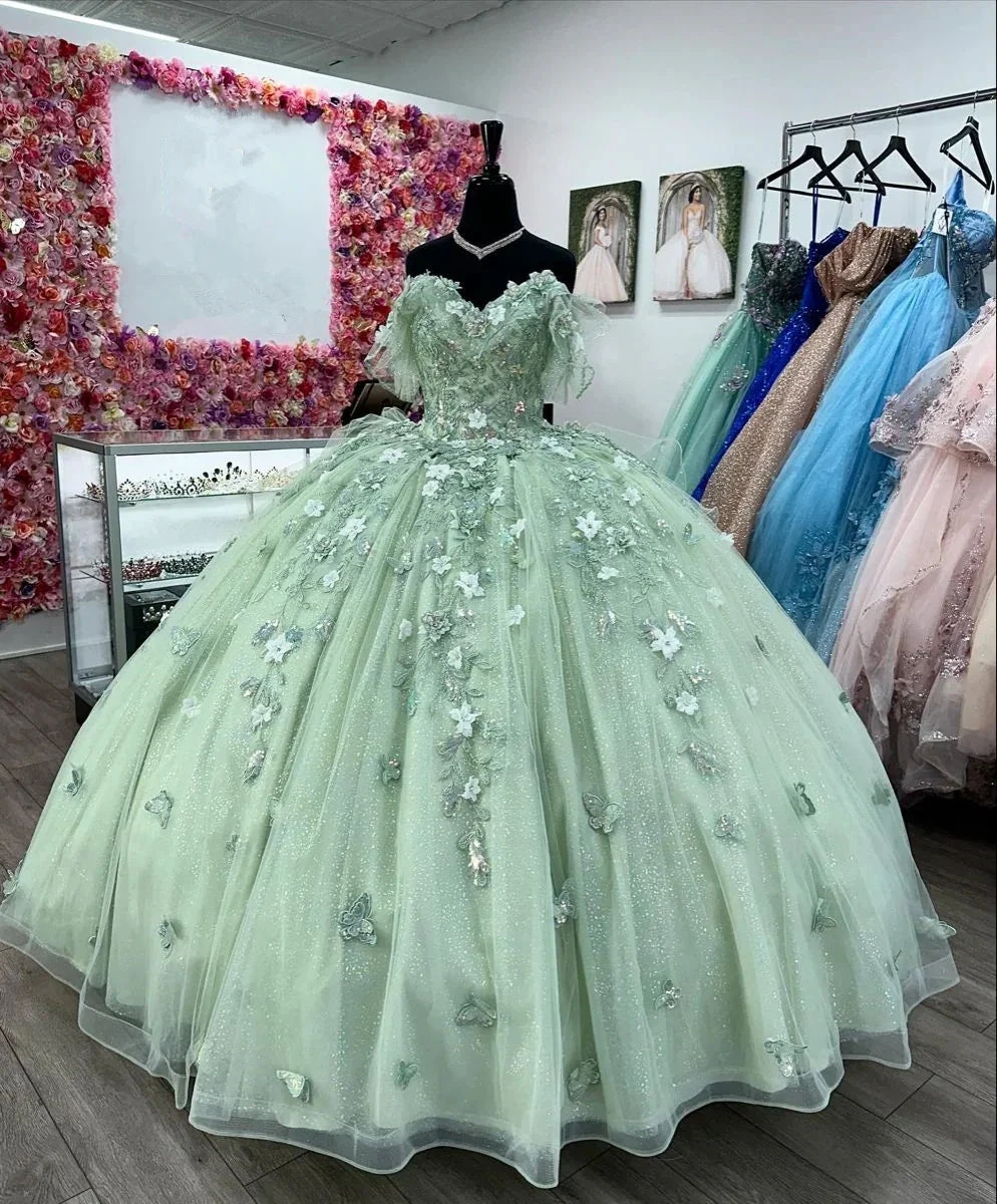 Sage Green Quinceanera Dresses With 3D Flowers Sweet 15 Birthday Ball Gown Y2614 by simplepromdress