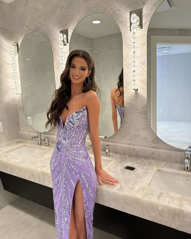 Lavender V Neck Sheath Slit Long Prom Evening Dress Y7898 Hover Image
