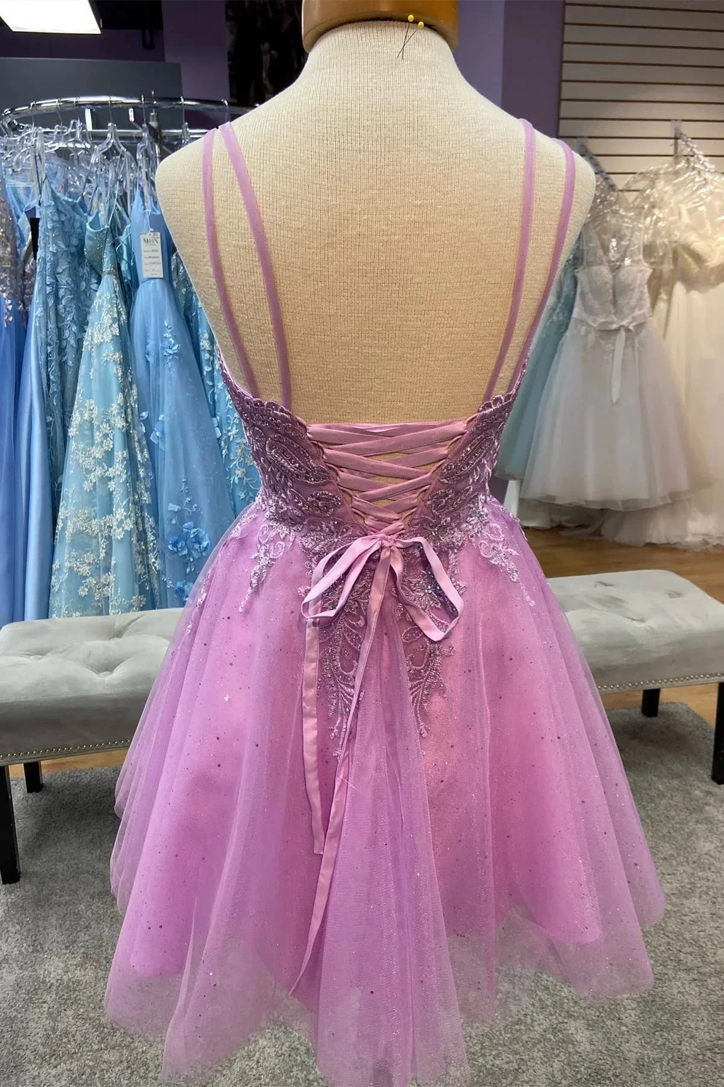 Hunter Green Plunging V Neck Straps Appliques Tulle Homecoming Dress Y2074 by simplepromdress