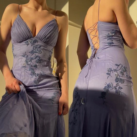 Vestido largo de gasa azul con tirantes finos, elegante, para fiesta de graduación y noche, Y7457