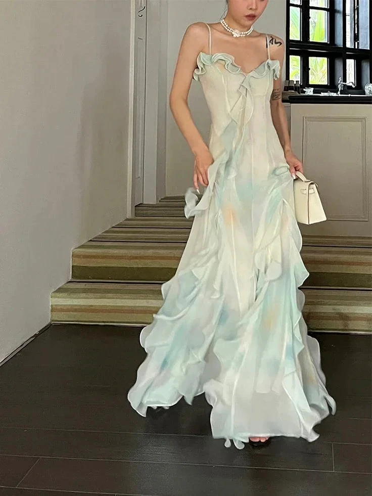 Beautiful Green Chiffon Layered Ruffle Prom Dress Straps Evening Gown Y7897 by simplepromdress