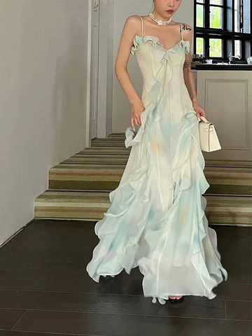 Beautiful Green Chiffon Layered Ruffle Prom Dress Straps Evening Gown Y7897 by simplepromdress