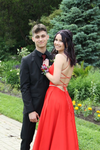 Simple Red A-line Prom Dress Lace-up Back Evening Dress Y6547
