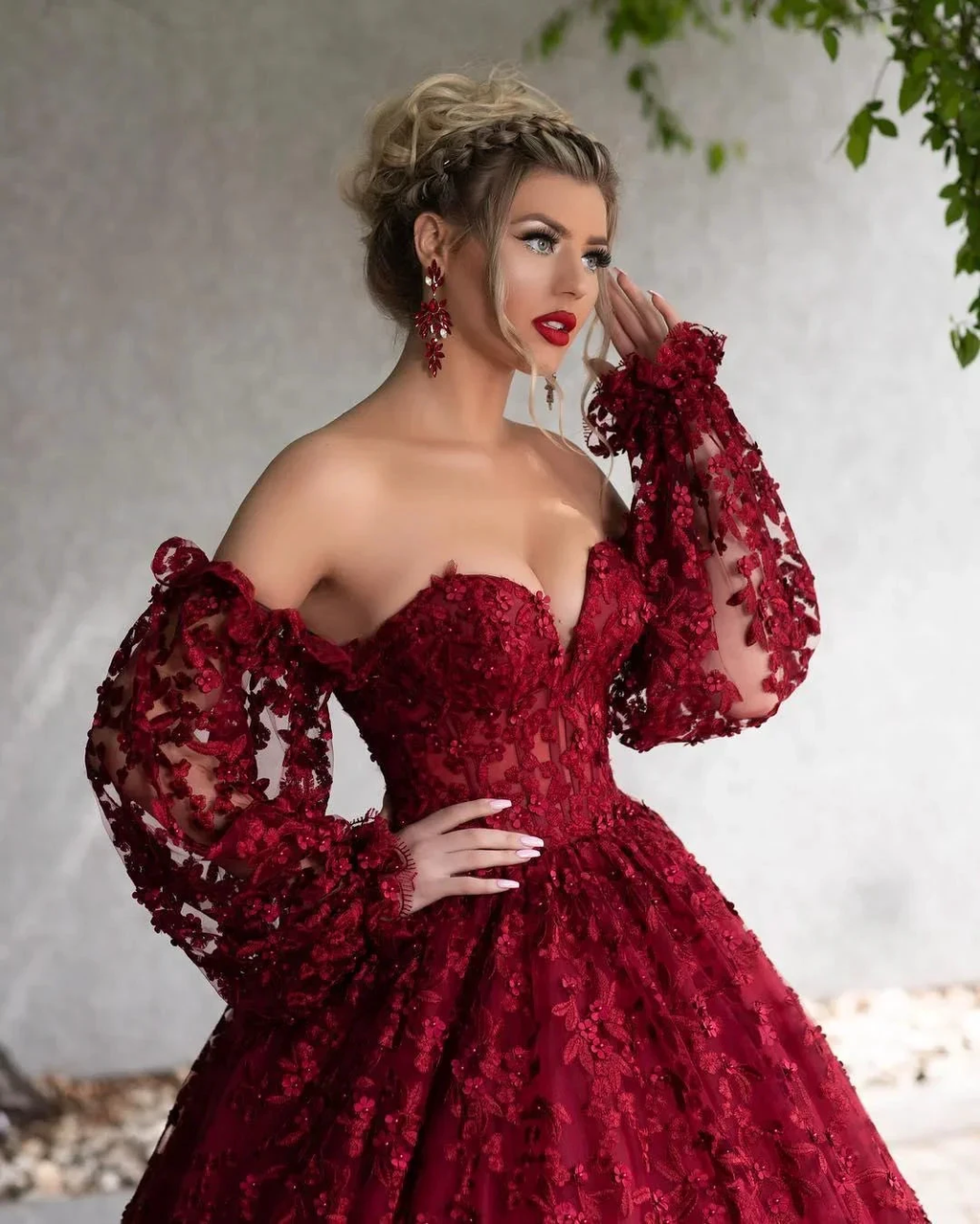 Dark Red Lace Beaded Prom Dresses Off The Shoulder Long Sleeves Formal Dress Floor Length A Line Plus Size Evening Gowns Y766 by simplepromdress