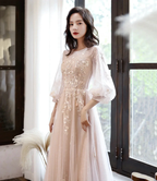 Cute tulle lace long prom dress A line evening dress Y1291 by simplepromdress