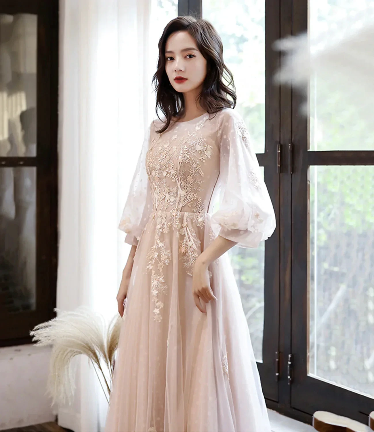 Cute tulle lace long prom dress A line evening dress Y1291 by simplepromdress