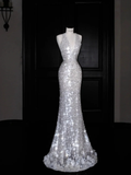 Sexy V Neck Silver Sequins Backless Mermaid Prom Dress Evening Dress Y8680 by simplepromdress