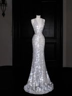 Sexy V Neck Silver Sequins Backless Mermaid Prom Dress Evening Dress Y8680 by simplepromdress