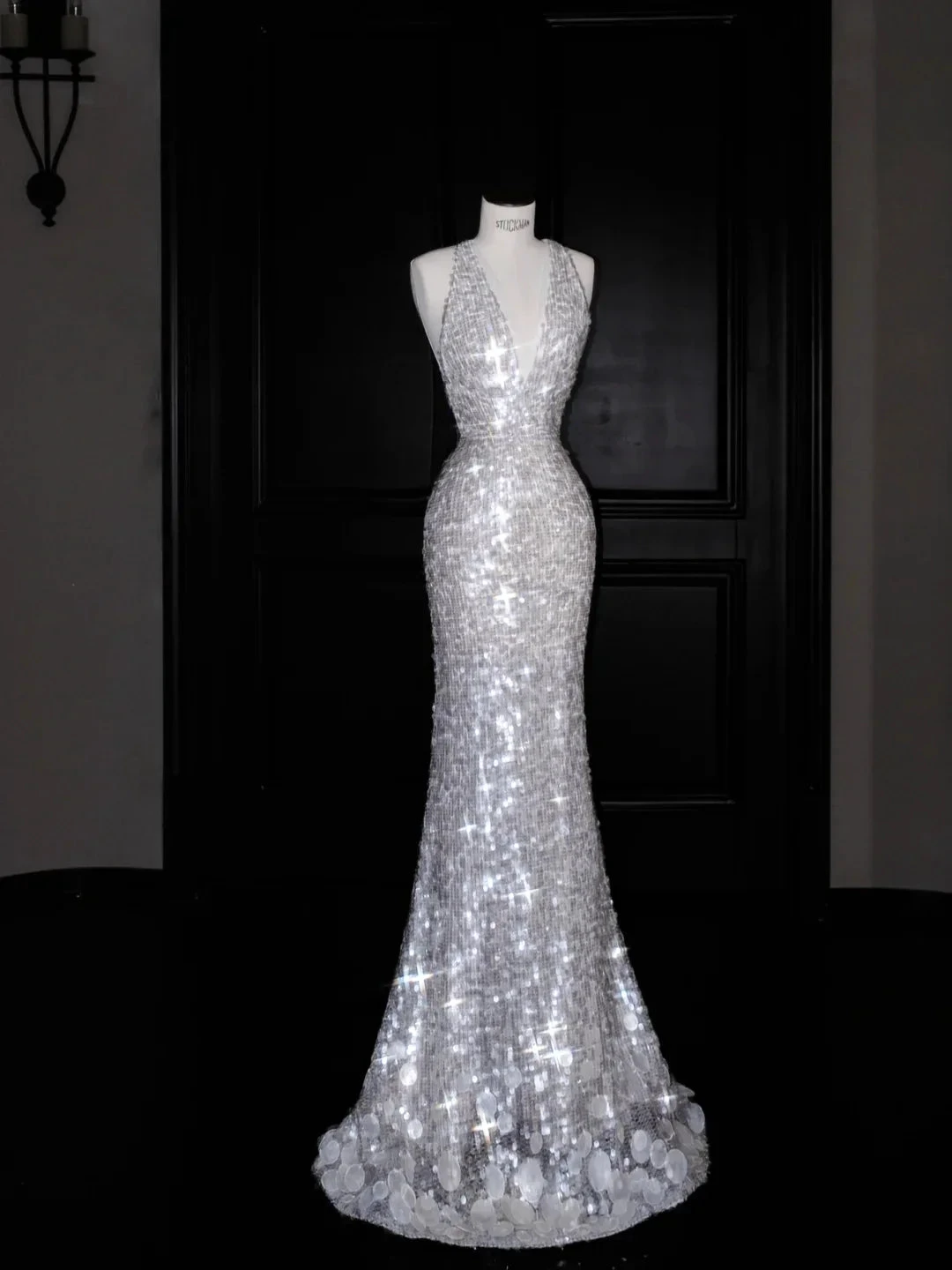 Sexy V Neck Silver Sequins Backless Mermaid Prom Dress Evening Dress Y8680 by simplepromdress
