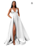 V-Neck Slit Satin Long Prom Dress Spaghetti Strap Evening Ball Gown with Pockets S14431 by simplepromdress