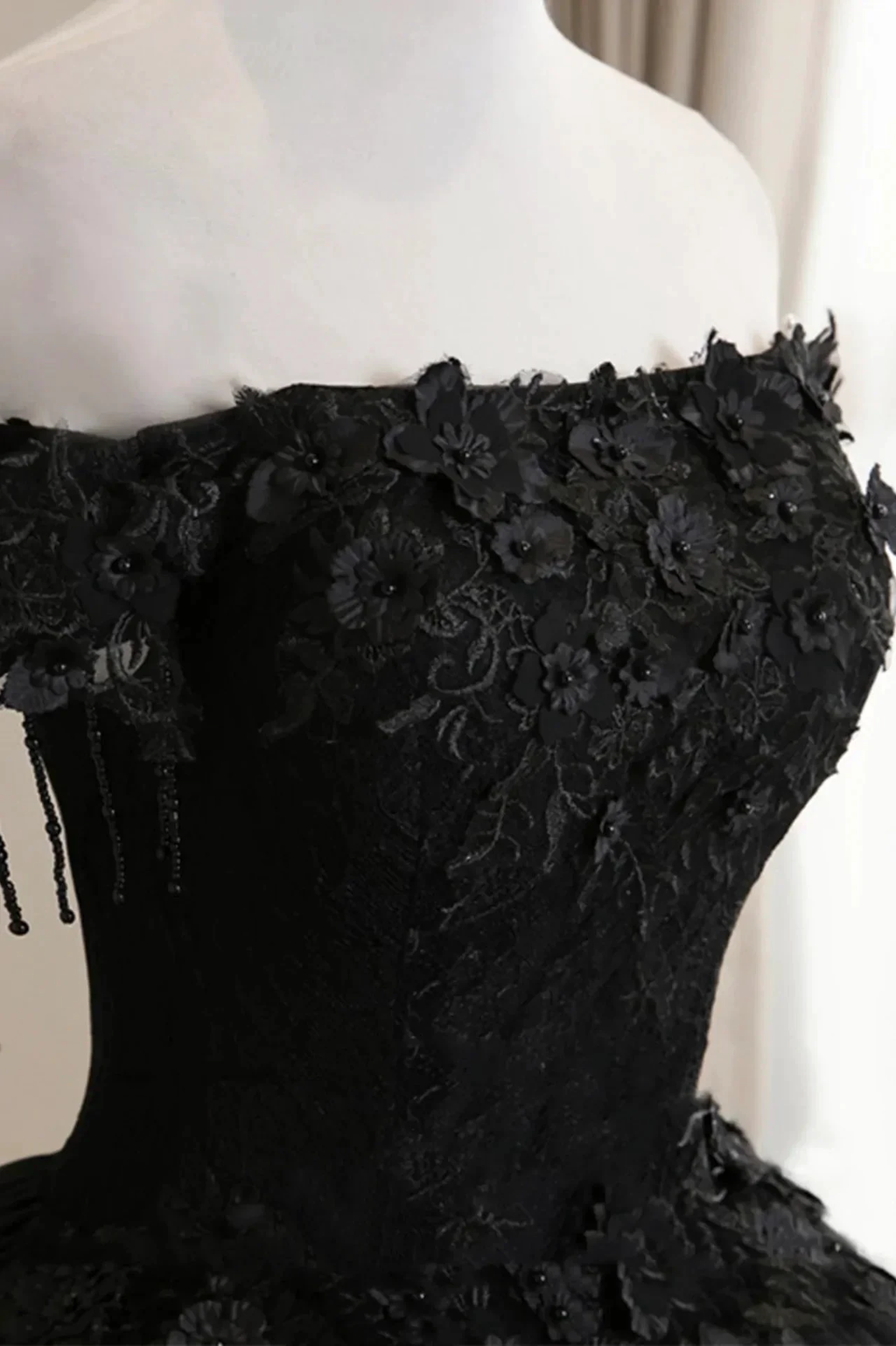 Black Off Shoulder Tulle Ball Gown With Lace Sweet 16 Dress, Black Long Evening Dress Y1143 by simplepromdress