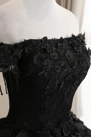 Black Off Shoulder Tulle Ball Gown With Lace Sweet 16 Dress, Black Long Evening Dress Y1143